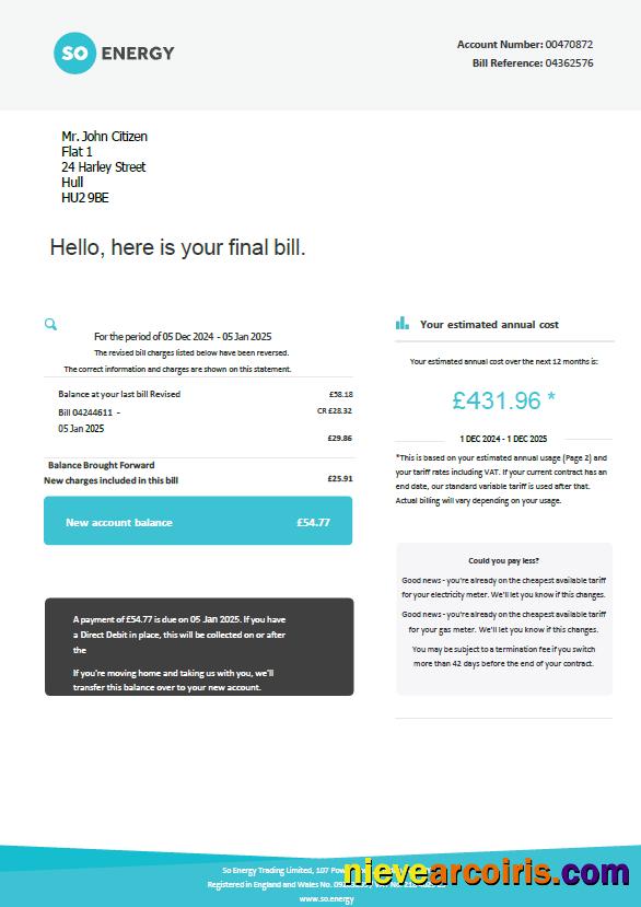 United Kingdom So Energy utility bill